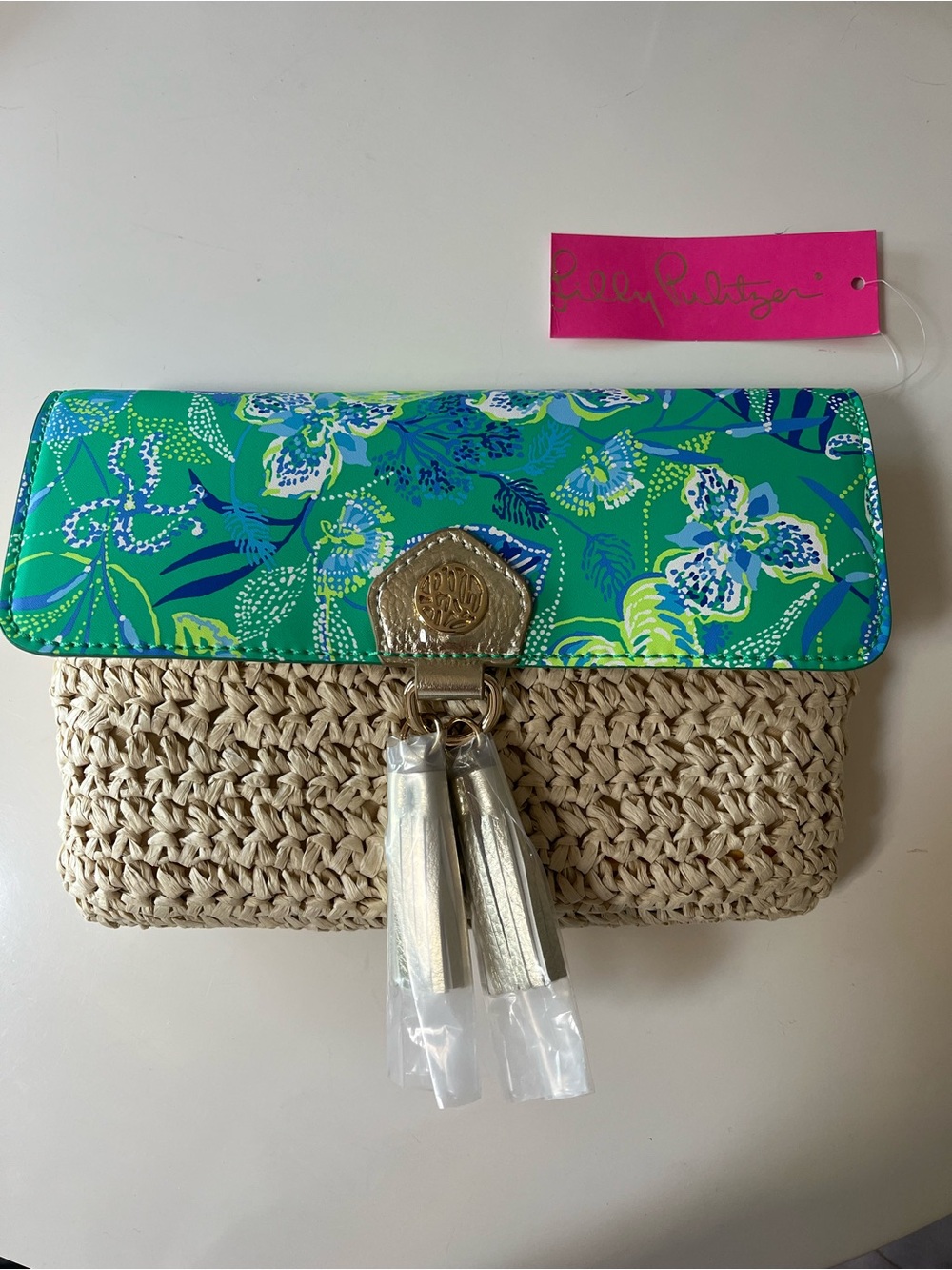 Lilly Pulitzer Green Floral & Natural Woven Clutch